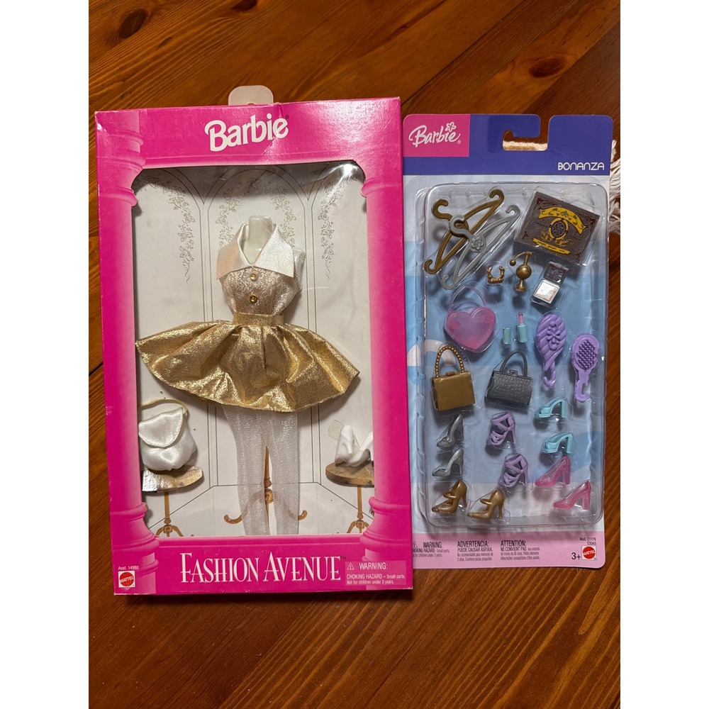Vintage Barbie Fashion Avenue Gold Dress 1990s & Bonanza Accessory Pack NIB Lot